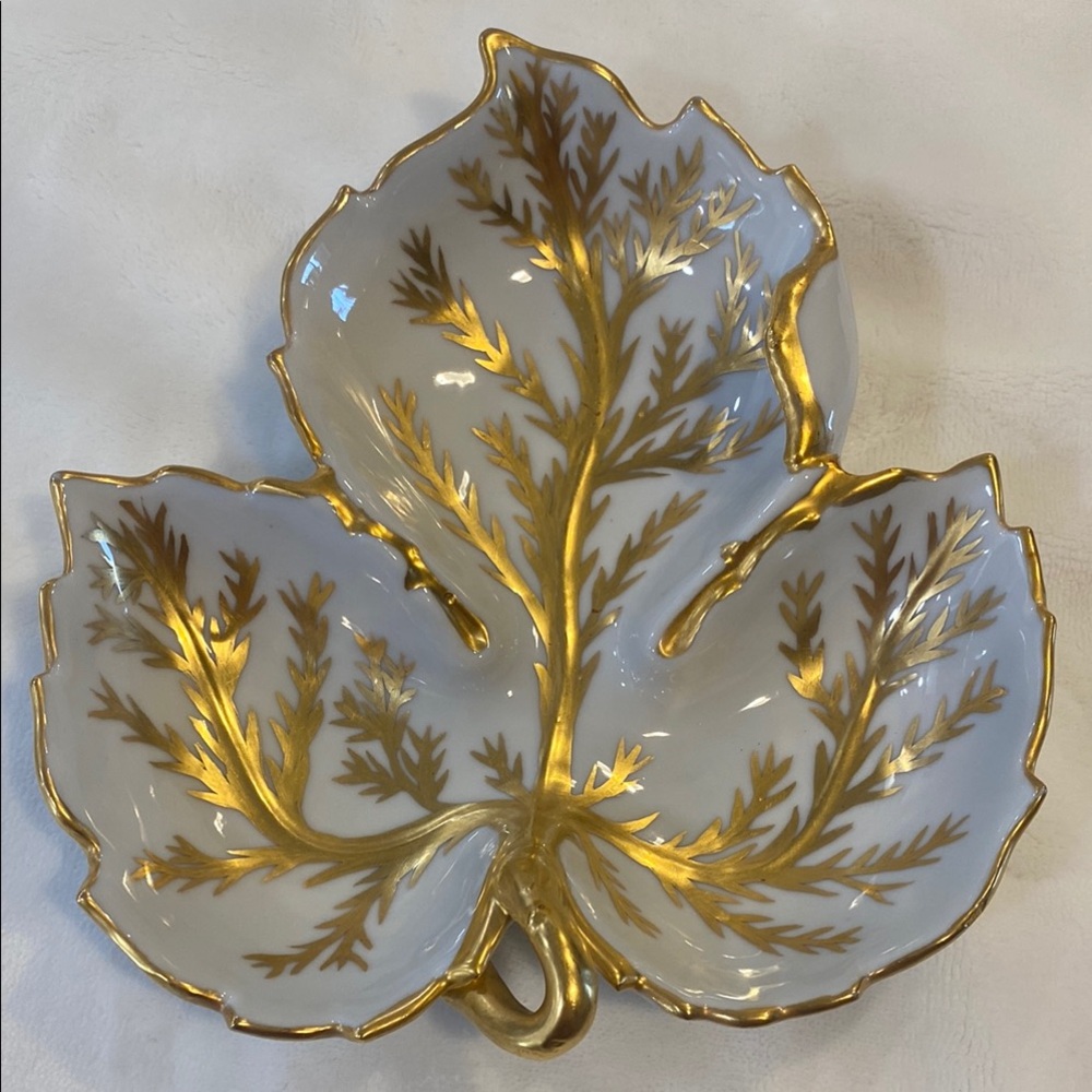 Anne Breinin Porcelain Leaf Dish gold hand painted, 3 compartments, signed.